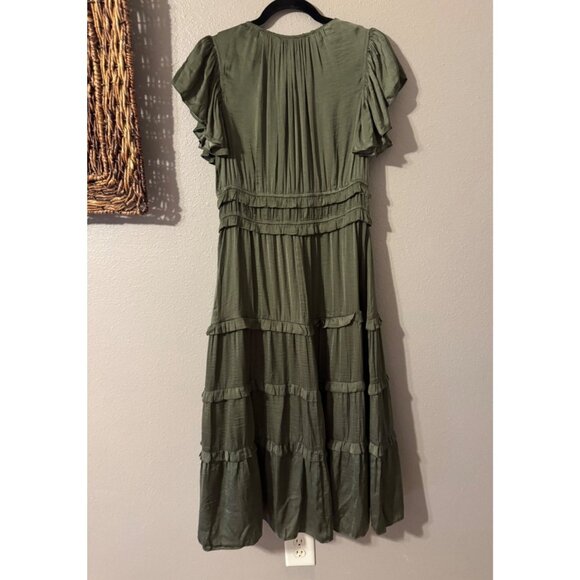 Pinch Tiered Maxi Dress L Large Olive Green Silky Short Flutter Sleeve NEW - Picture 12 of 16